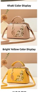 Detail view of khaki and bright yellow handbags with intricate floral embroidery and charms