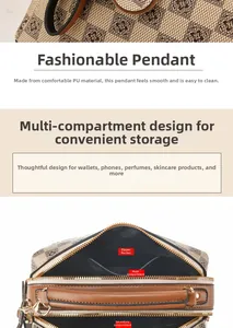 Detail view of the multi-compartment interior and cross-pattern PU leather on this handbag
