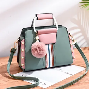Women Contrast Color PU Leather Handbag With Plush Ball Charm Artificial Pearl Decor Striped Webbing Fashion Crossbody Shoulder Bag