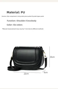 Detailed view of black PU leather saddle bag with dimensions and internal compartments