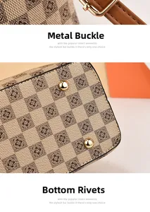 Detail of metal hardware buckles and protective bottom rivets on the checkered handbag