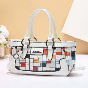 Women Fashion PU Leather Geometric Grid Shell Bag Contrast Color Crossbody Shoulder Bag With Top Handle Bridal Wedding Purse
