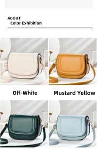 Collage of four stylish saddle bags in beige, mustard, green, and blue with stitching detail