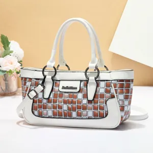 Elegant white and checkered shell handbag for women with metallic brand plaque and handle