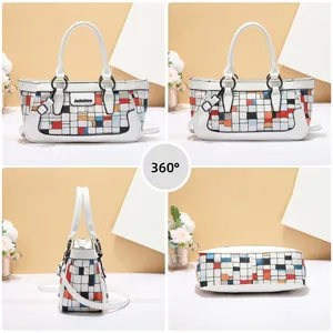 White leather handbag with colorful geometric pattern shown in full 360-degree views
