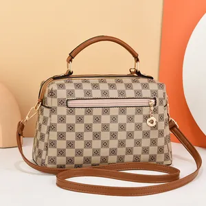 Checkered Boston handbag with top handles and adjustable strap for women in khaki