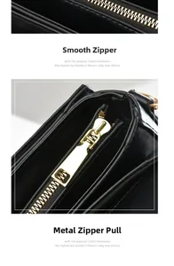Detail of smooth golden metal zipper and hardware puller on black leather saddle bag