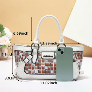 Detailed dimension view of white PU leather plaid handbag with top handle and hardware