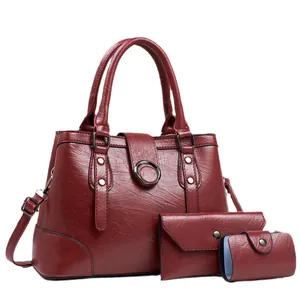Burgundy 3-piece vintage handbag set with lychee grain texture and metal ring decor