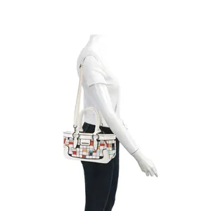 Chic mosaic pattern shell handbag for women with colorful geometric blocks and white strap