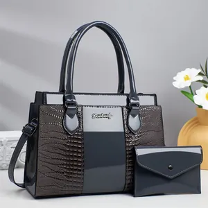Close-up of grey crocodile-embossed handbag set with polished finish and metal logo