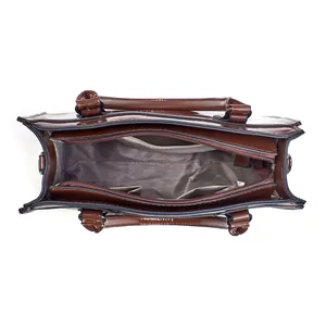 Internal view of dark brown faux crocodile tote bag with organized compartments and zippers