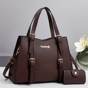 Vintage Women PU Leather Handbag And Mini Pouch Set Litchi Texture Large Capacity Shoulder Tote Bag For Commuter Office Daily Purse