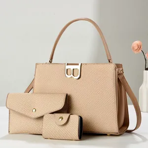 Three-piece women bag set in beige featuring a tote, wallet, and card holder with B-lock