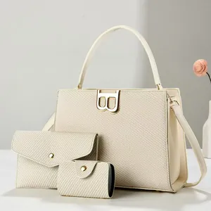 Detailed set of 3 beige woven handbags including tote and wallet with gold B logo