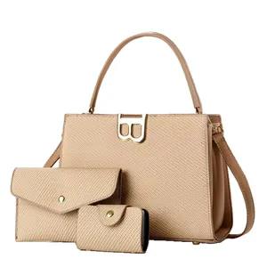 Three-piece beige textured tote bag set with metal B logo and crossbody strap