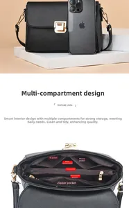 Sac bandoulière grainé avec compartiments internes et vue détaillée des dimensions