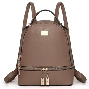 Zaino da donna in pelle PU marrone con trama a grana e chiusure in metallo dorato