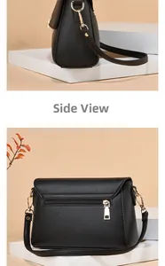 Vues latérale et arrière d'un sac noir à motif litchi avec fermeture éclair dorée