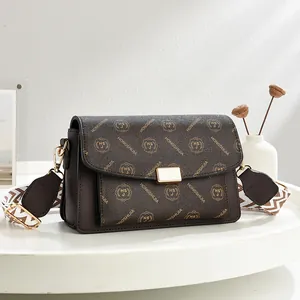 Women Vintage Letter Print PU Leather Shoulder Bag Retro Commuter Crossbody Bag Wide Geometric Pattern Strap Gold Buckle