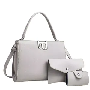 3-piece set of grey lychee-textured short wallets with silver B-buckle and zipper