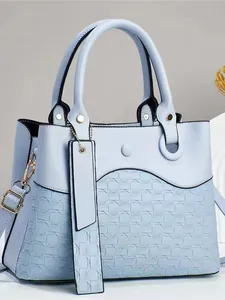 Fashion light blue checkered handbag for women with large capacity and shoulder strap