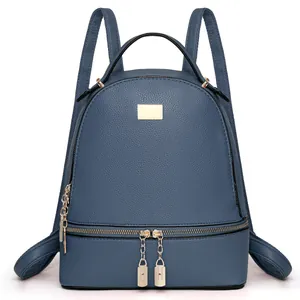 Zaino alla moda in pelle PU blu per donna con trama litchi e dettagli in metallo dorato