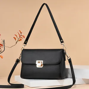 Sac Bandoulière pour Femme en Cuir PU Texture Litchi Sac à Épaule Carré Minimaliste avec Fermoir Doré Mode