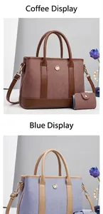 Contrast color tote bag with matching pouch shown in coffee and blue color options