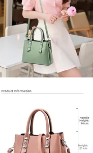Detail view of contrast color handbags with height 21cm and 14cm handle dimensions