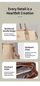 Details of reinforced handles and polished gold hardware on bicolor tote bag