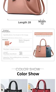 Detail view of the 28cm contrast color handbag showing size dimensions and structure