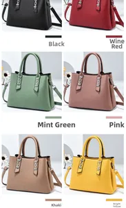 Collage of chic tote bags in six colors including black, wine red, and fruit green