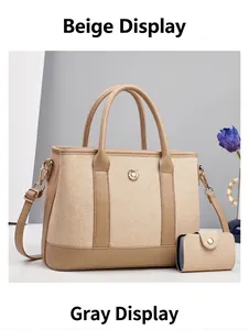 Apricot tote bag with matching coin purse and metallic emblem detail in a studio setting