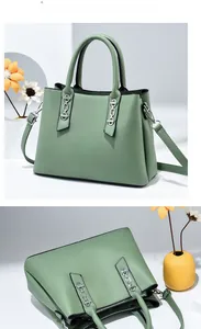 Detail view of sage green lychee pattern PU leather handbag with silver chain accents