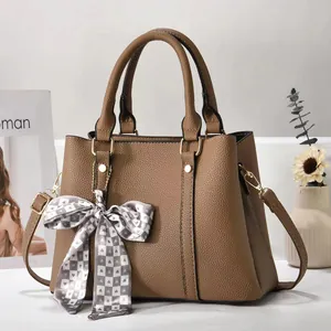 Brown lychee leather handbag for women with plaid bow scarf and gold hardware accessories