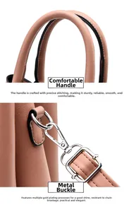Detail of pink PU leather handle with precision stitching and silver metal hardware buckle