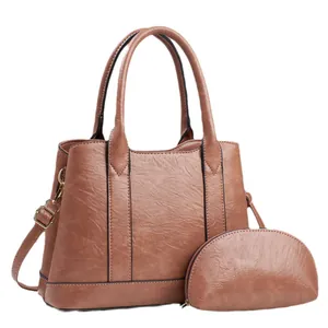 Brown vintage large capacity leather tote bag set with adjustable shoulder strap