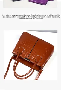 Detail of brown crocodile pattern tote bag with water-resistant leather and smooth texture