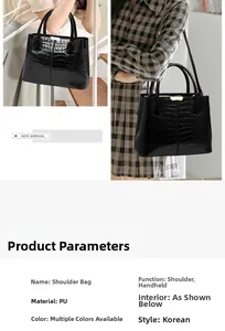 Detail of black crocodile texture PU leather handbag with metallic buckles and twin handles