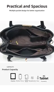 Vista interna della borsa tote nera con scomparti a cerniera per iPad e oggetti quotidiani