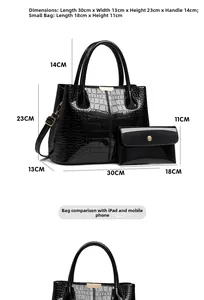 Detailed size chart of crocodile pattern handbag set with large tote and clutch bag