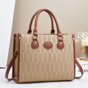 Minimalist large capacity tote bag with beige and brown color-blocking and long strap