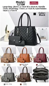 Detailed size chart for quilted 3-piece handbag set with internal multi-layer design