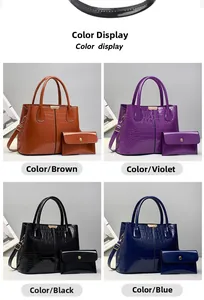 Detailed grid view of four glossy crocodile-embossed patent leather handbag sets with straps