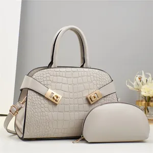 Off-white crocodile texture tote bag set with matching pouch and golden metal hardware