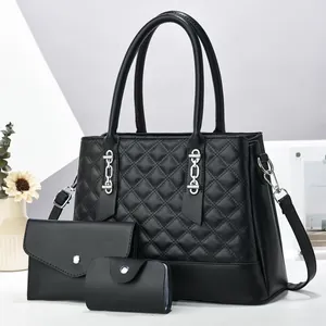 Women Quilted PU Leather Tote Bag Wallet And Card Holder Rhombus Pattern Large Capacity Shoulder Bag Crossbody Handbag Daily