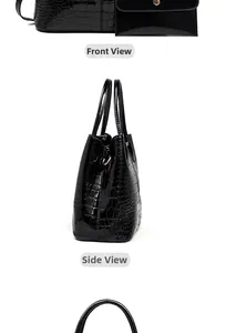 Detailed front and side views of black crocodile pattern tote bag with gold hardware
