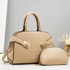 Beige embossed crocodile texture handbag set with matching small pouch and gold hardware