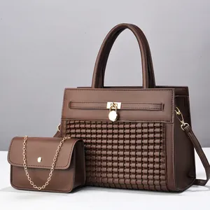 Ensemble sac à main cabas marron tissé 2 pièces pour femme avec mini sac à bandoulière